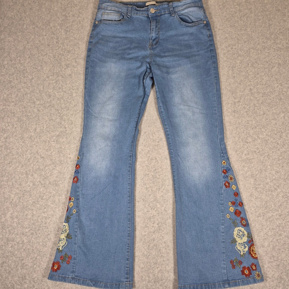 Angels of Difference Flare Jeans Womens 14/32 Blue Floral Embroidered Y2K Style